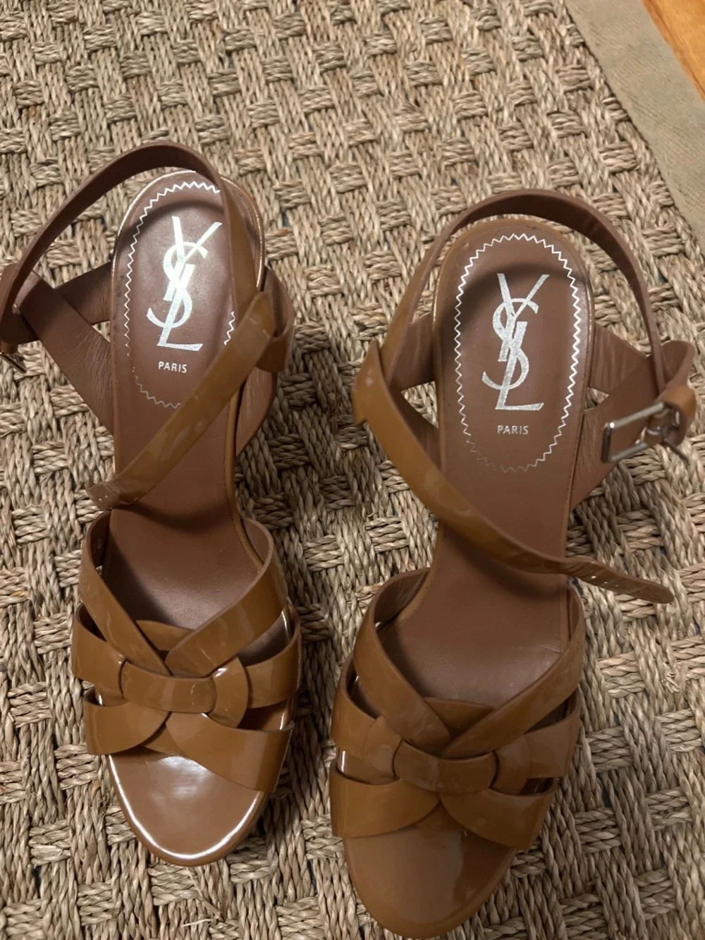 YSL TRIBUTE Patent Leather Brown Sandals